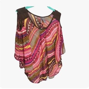NEW DIRECTIONS Women Pullover Top Semi Sheer Colorful Print Cold Shoulder Large